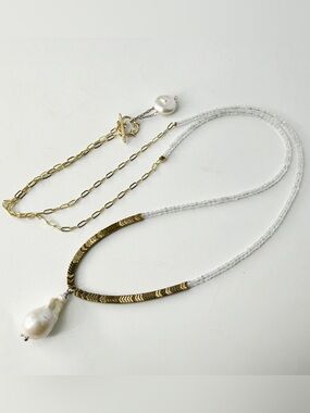 Long Moonstone Necklace, Wrap Necklace, White Baroque Pearl Pendant